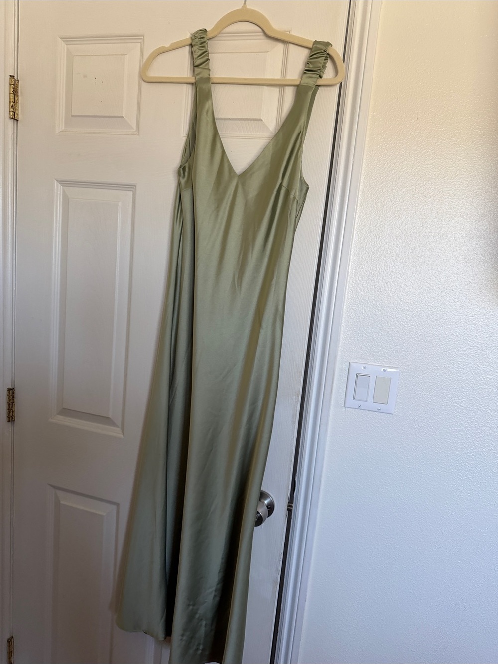 Zara Light Sage Green Maxi Slip Dress with Ruched Straps
